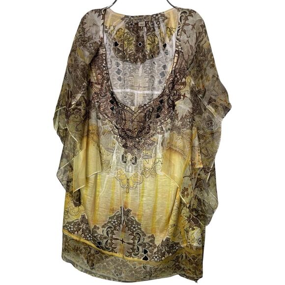 ONE WORLD Floral Sheer Layered Top in Yellow and Brown 1X NWT - Picture 1 of 7